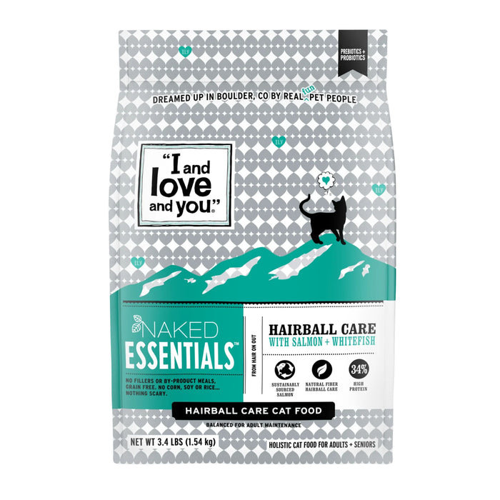 A bag of I and love and you Naked Essentials Hairball Care Cat Food with Salmon and Whitefish for adult and senior cats. The package is gray with teal accents, cat silhouette, and mountain graphics, weighing 3.4 lbs.