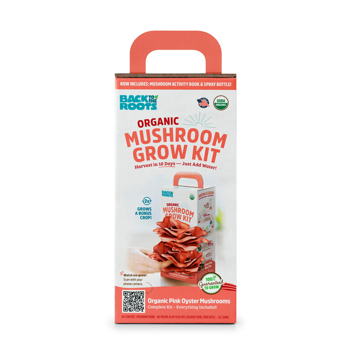 Front view of a Back to the Roots Organic Mushroom Grow Kit box, featuring pink oyster mushrooms growing from the box. The packaging is mostly white and orange with text and a green USDA Organic label.