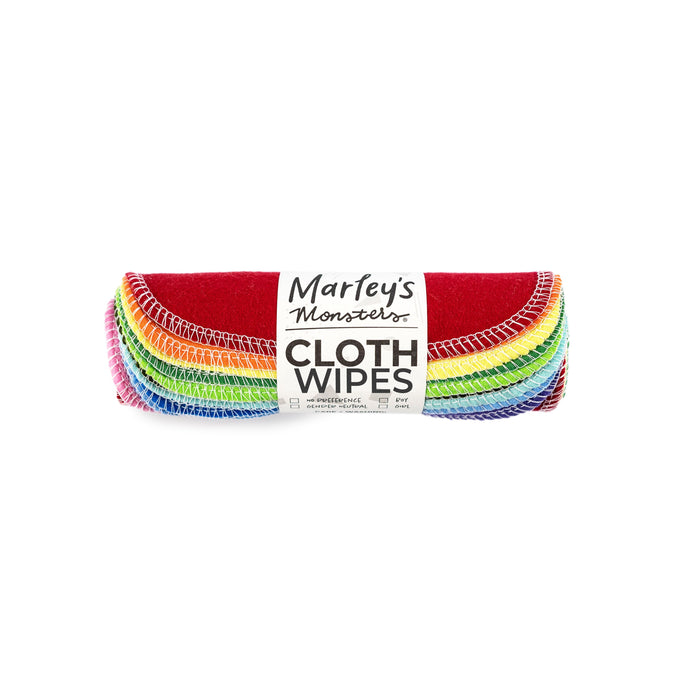 A rolled bundle of Marley’s Monsters cloth wipes in rainbow colors, wrapped with a white label displaying the brand name and product information.