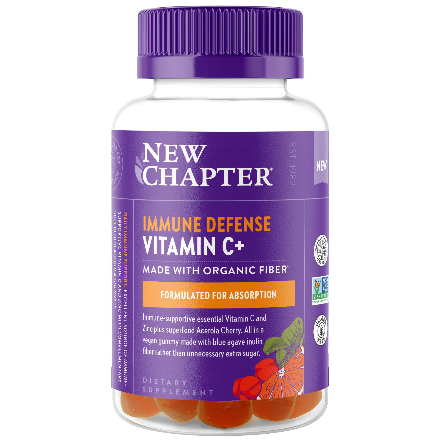 The Immune Defense Vitamin C+ Gummy from New Chapter features a purple cap and vibrant orange gummies with organic Blue Agave fiber, crafted to enhance absorption. The label displays cherries and oranges, all designed to support immune defense.