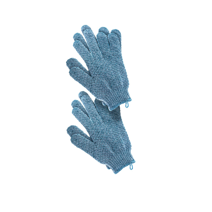 A pair of blue textured exfoliating gloves with small hanging loops, displayed on a white background.