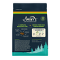 Jiminy's Cravin' Cricket Dry Dog Food features eco-friendly messaging, cricket protein for gut health and sensitive stomachs, a detailed ingredient list, green forest design, and emphasizes reducing your dog's carbon pawprint with nutritious, complete food.