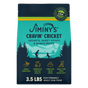 Jiminy's Cravin' Cricket Dry Dog Food, for sensitive stomachs and improved gut health, features cricket protein with sweet potato and quinoa, comes in a 3.5 lb teal and dark blue bag, and is eco-friendly.
