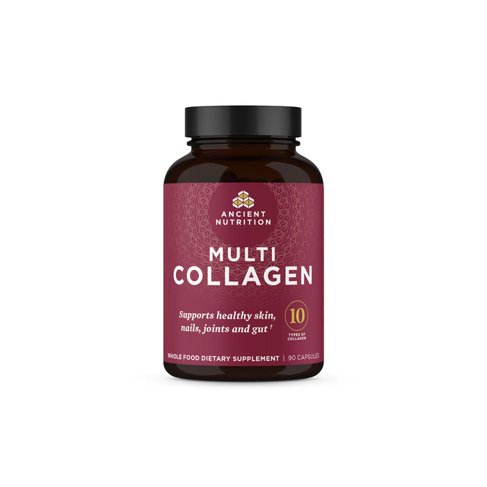 A brown bottle of Ancient Nutrition Multi Collagen dietary supplement with a burgundy label. The label states it supports healthy skin, nails, joints, and gut, and contains 90 capsules.