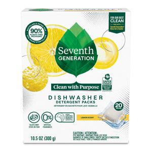A box of Seventh Generation Dishwasher Detergent Packs has an enzyme-rich formula and lemon scent. The packaging is 90% plastic-free, contains 20 packs, has 0% artificial fragrances, and vibrant lemon imagery.