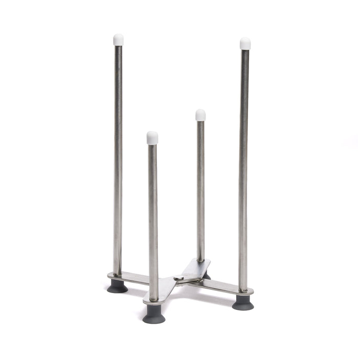 A metal stand with four vertical rods of varying heights, each topped with a white cap, and four rubber-tipped feet at the base. The rods are attached to a triangular metal support at the bottom.