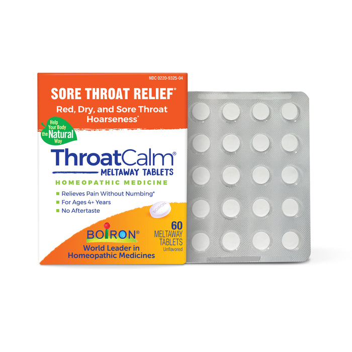Box of Boiron ThroatCalm Meltaway Tablets for sore throat relief shown next to a blister pack of 20 round tablets. The packaging highlights homeopathic medicine for ages 4 and up.