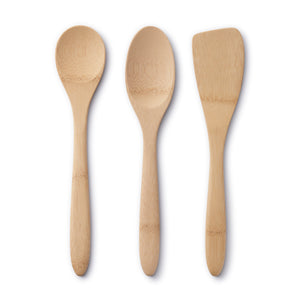 The Kitchen Basics - Set of 3 by Bambu, beautifully crafted from organic bamboo, features a spoon, oval spoon, and spatula on a white background.