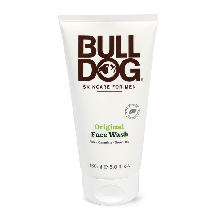 A white tube of Bulldog Skincare for Men Original Face Wash, 150ml size, featuring bold brown and green text and a logo with a bulldog silhouette.
