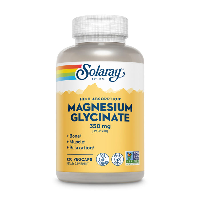 A bottle of Solaray Magnesium Glycinate dietary supplement, labeled High Absorption, with 350 mg per serving and 120 vegcaps. The label highlights benefits for bone, muscle, and relaxation, and displays certification logos.