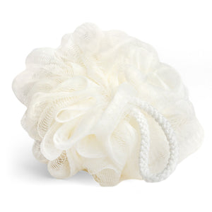 The Grove Co. Recycled Plastic Loofah is a white bath accessory made from recycled materials, featuring a textured mesh design and an attached loop for easy hanging.