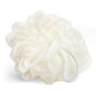 The Grove Co. Recycled Plastic Loofah is a white bath accessory made from recycled materials, featuring a textured mesh design and an attached loop for easy hanging.