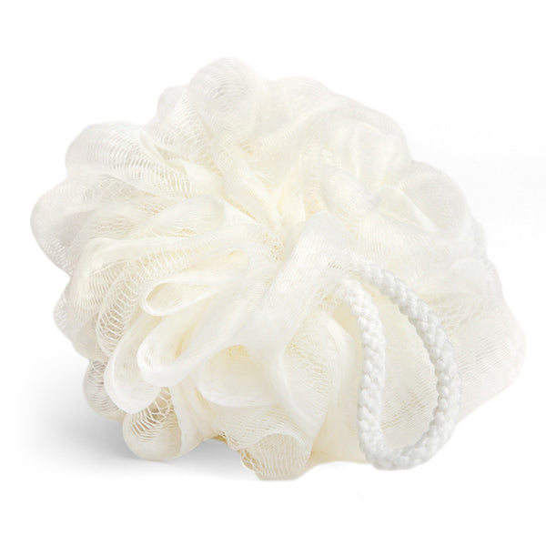 A white mesh bath pouf with a looped handle, used for creating lather while showering or bathing, placed against a plain white background.