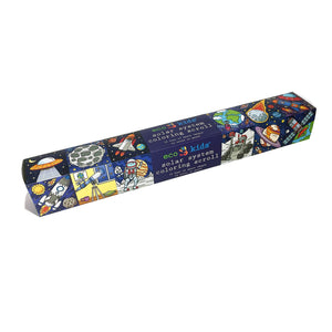 The eco-kids Coloring Scroll comes in a long, dark blue rectangular box with vibrant outer space-themed illustrations of astronauts, planets, rockets, and stars. The packaging features perforated rolls and displays the text eco-kids solar system coloring scroll.