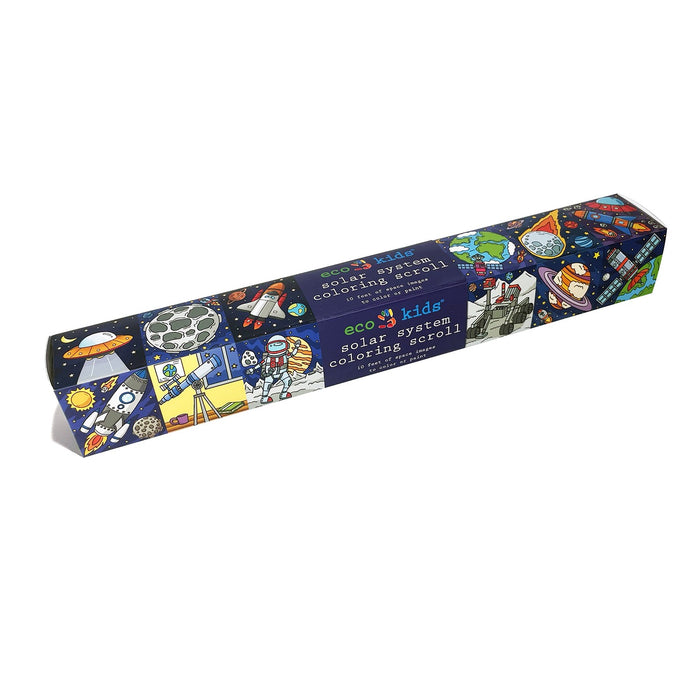A rectangular box labeled eco-kids solar system coloring scroll features colorful illustrations of astronauts, planets, rockets, and stars against a dark blue space-themed background.