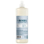 A clear plastic bottle of Mrs. Meyer’s Dish Soap with a white cap and a label detailing ingredients and usage information.
