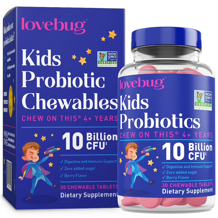 A box and bottle of Lovebug Kids Probiotic Chewables, featuring cartoon a child superhero with a cape. The label mentions 10 billion CFU, zero added sugar, berry flavor, for ages 4+, and 30 chewable tablets.