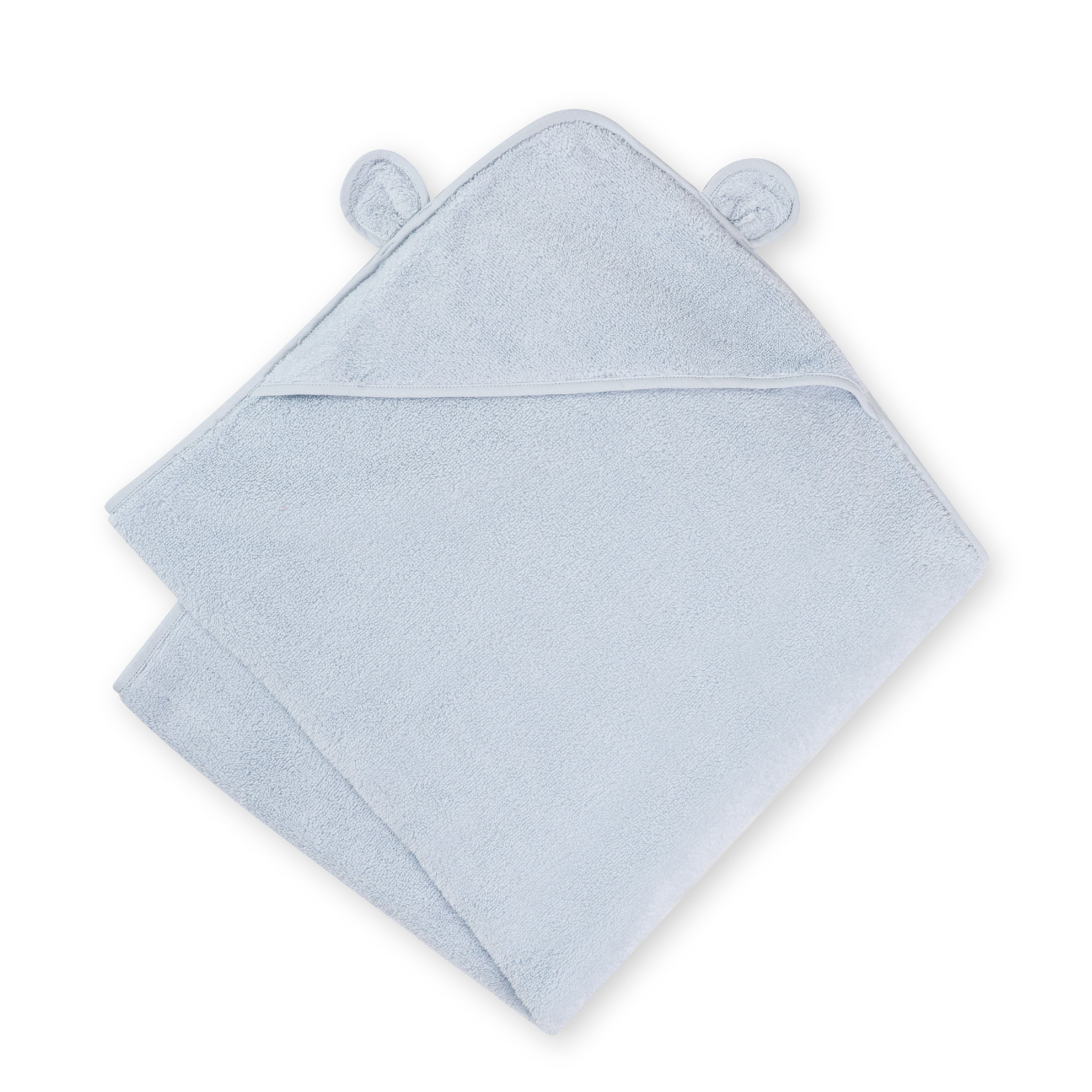 The Natemia hooded baby towel, in light blue with a bear ears hood, is crafted from ultra-soft 100% organic cotton and GOTS certified.