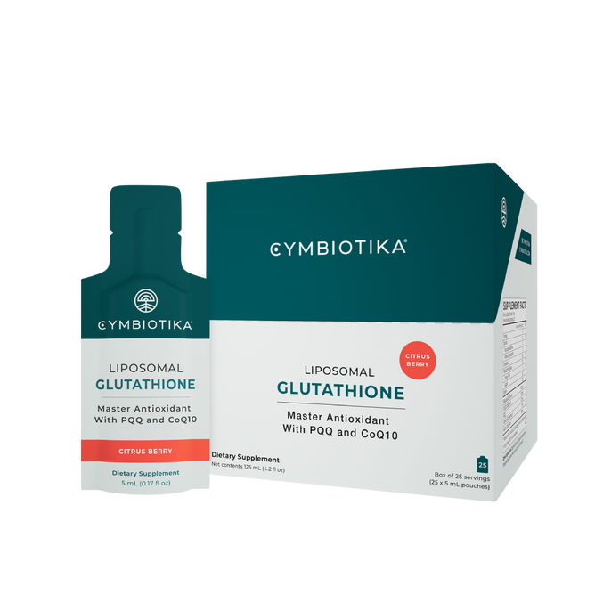 A box and a single pouch of Cymbiotika Liposomal Glutathione dietary supplement in citrus berry flavor, labeled as a master antioxidant with PQQ and CoQ10. The box contains 25 servings of 5mL pouches.