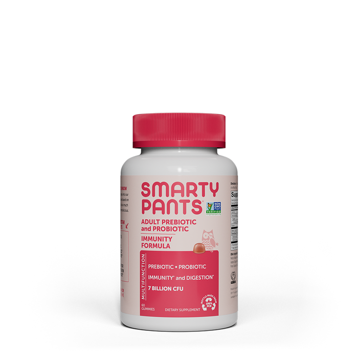 A bottle of SmartyPants Adult Prebiotic and Probiotic Immunity Formula gummies with a red cap and pink label, featuring product details and icons highlighting prebiotic, probiotic, immunity, and digestion benefits.
