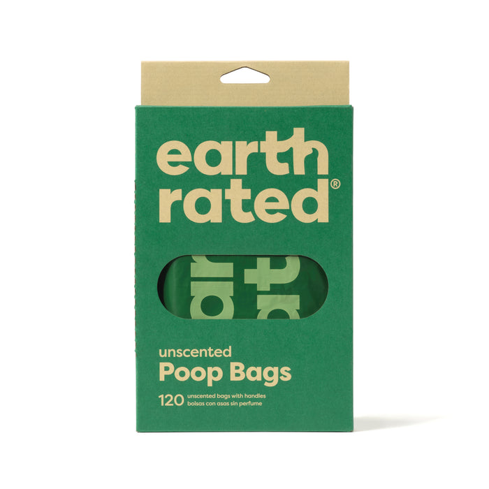 A green and beige box of Earth Rated unscented poop bags with handles. The box contains 120 bags, and part of the bags inside is visible through a cut-out window on the front.