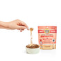 A hand sprinkles Brutus on the Go: Probiotics Instant Bone Broth Mega Pack over dog kibble, boosting gut health. The red and beige package in the background highlights its function as a meal topper with canine probiotics for adult dogs.