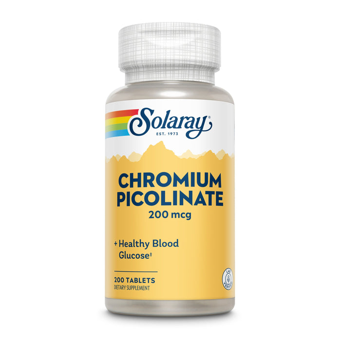 A bottle of Solaray Chromium Picolinate 200 mcg dietary supplement containing 200 tablets, labeled for supporting healthy blood glucose, with a yellow and white design and rainbow accents.