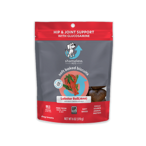 Shameless Pets Lobster Rollover Soft-Baked Dog Treats are in a red and black bag, featuring soft-baked biscuits with lobster and kelp. Theyre all-natural, grain- and corn-free treats that support hip and joint health with glucosamine.