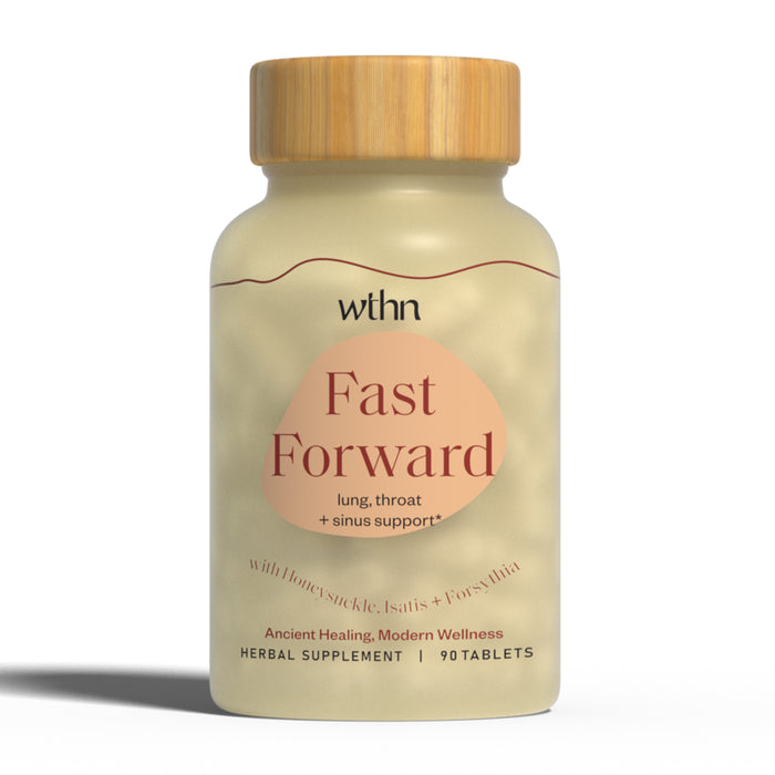 A beige bottle labeled wthn Fast Forward herbal supplement for lung, throat, and sinus support, with honeysuckle, basil, and forsythia. The bottle contains 90 tablets.