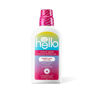 The hello Unicorn Mouthwash for kids, 473ml, has a white bottle with a gradient pink-to-blue label and bubble gum natural flavor. This alcohol-free anticavity fluoride rinse with cavity prevention features a pink safety seal on the cap for stronger teeth.