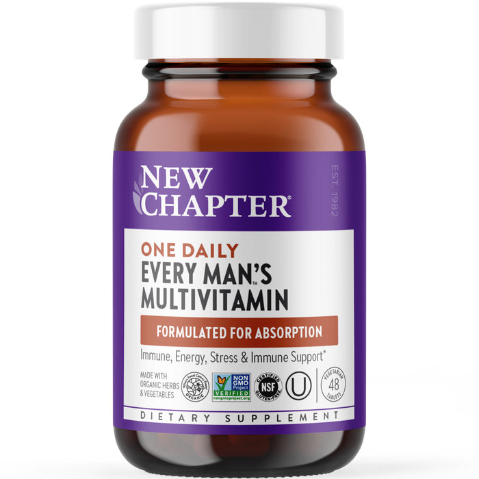 A bottle of New Chapter One Daily Every Man’s Multivitamin with a purple and white label, showing text about absorption, immune, energy, stress support, and various certifications.