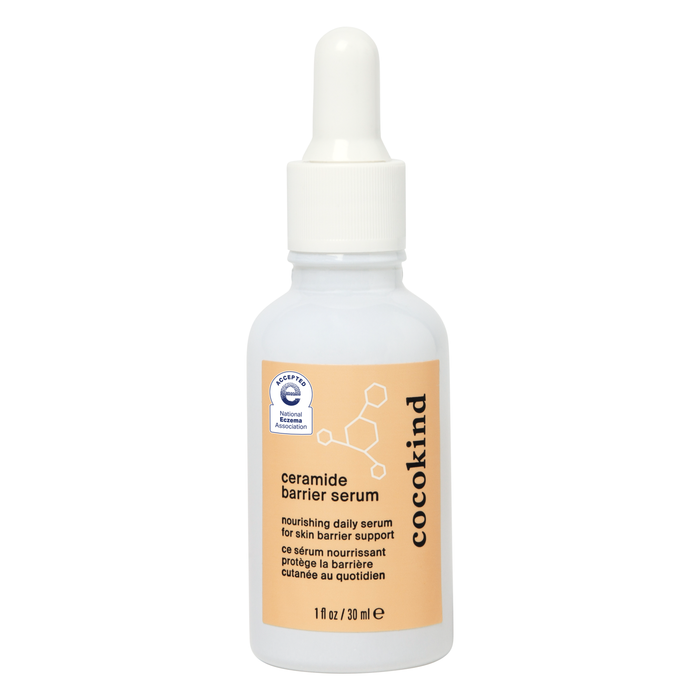 A white dropper bottle labeled cocokind ceramide barrier serum, with text indicating its a nourishing daily serum for skin barrier support. The bottle contains 1 fl oz (30 ml) and has an EWG Verified mark.