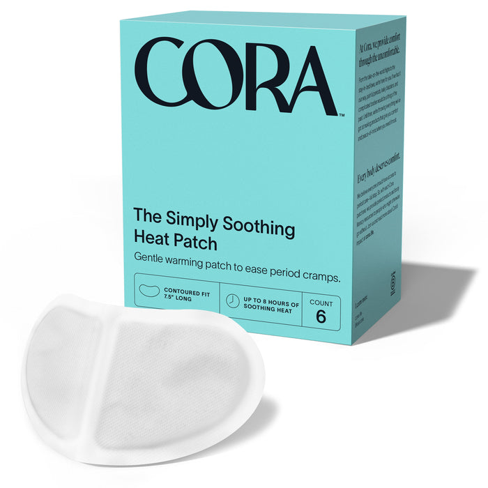 Coras Heat Relief Patches, with teal packaging and black lettering, offer up to 8 hours of gentle warmth for menstrual cramp relief. Infused with herbal extracts, the box features 6 effective patches. An individual patch is displayed beside the box.