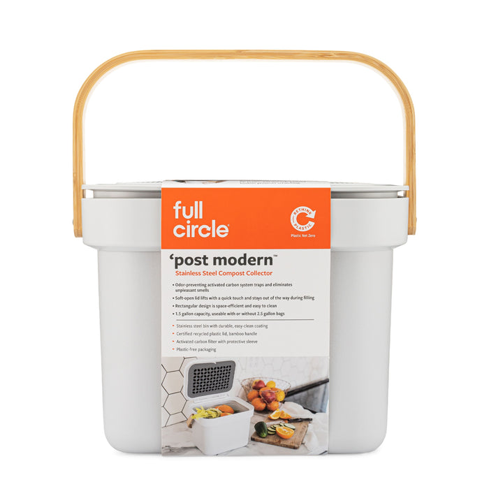 A white compost bin with a bamboo handle labeled full circle post modern Stainless Steel Compost Collector. The packaging features eco-friendly icons and an image of the bin on a kitchen counter with produce scraps.