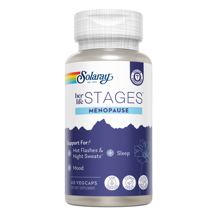 A bottle of Solaray Her Life Stages Menopause dietary supplement with 60 vegcaps. The label highlights support for hot flashes, night sweats, sleep, and mood, with a mountain design and quality certification icons.