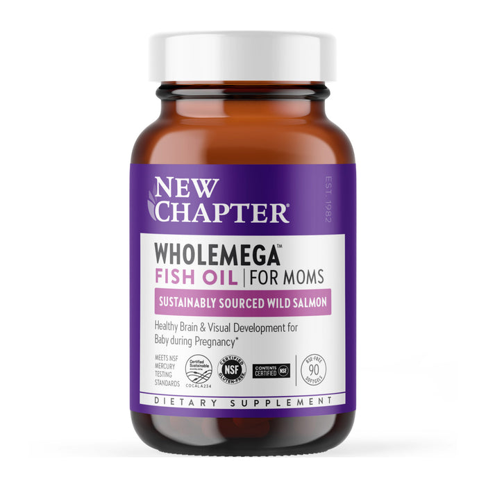 Amber glass bottle of New Chapter Wholemega Fish Oil for Moms dietary supplement, 90 softgels, sustainably sourced wild salmon, NSF certified gluten-free, supports babys brain & visual development during pregnancy.