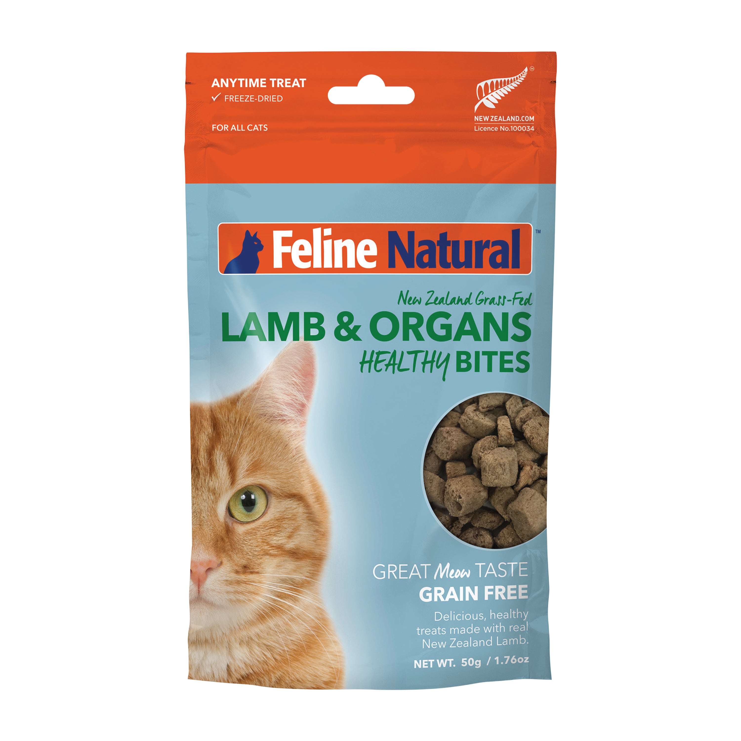 A 50g/1.76oz bag of Feline Natural Grain-Free Freeze-Dried Cat Treats, featuring an orange cat, offers New Zealand lamb and cage-free chicken for natural nutrition.