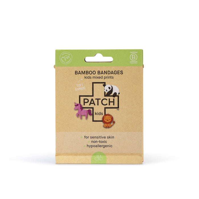 A box of PATCH bamboo bandages for kids with mixed prints, featuring a panda illustration and images of a purple unicorn and a lion. The packaging highlights that the bandages are hypoallergenic and eco-friendly.