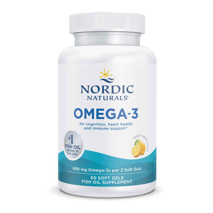 A white bottle of Nordic Naturals Omega-3 fish oil supplement with a blue and yellow label, showing 60 soft gels, 690 mg Omega-3s per 2 soft gels, and a lemon slice image on the lower right.