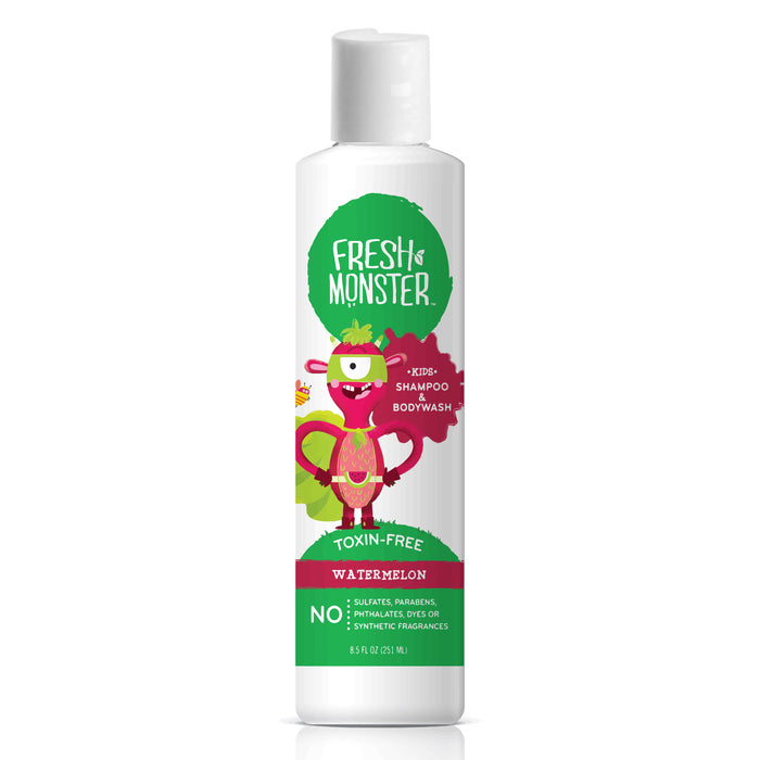 A bottle of Fresh Monster kids shampoo and body wash in watermelon scent, featuring a pink cartoon monster on the label. The packaging highlights that its toxin-free with no sulfates, parabens, phthalates, dyes, or synthetic fragrances.