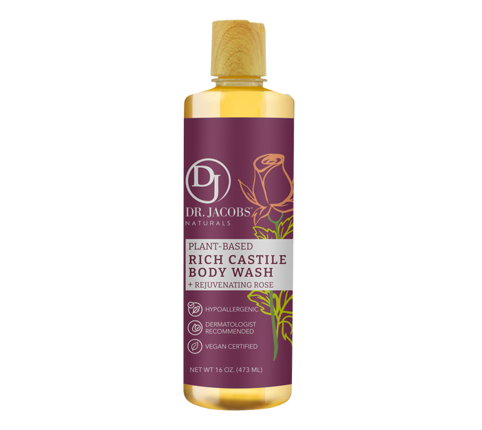 A bottle of Dr. Jacobs Naturals Plant-Based Rich Castile Body Wash with Rejuvenating Rose. The label is maroon with gold accents and features icons for hypoallergenic, dermatologist recommended, and vegan certified.