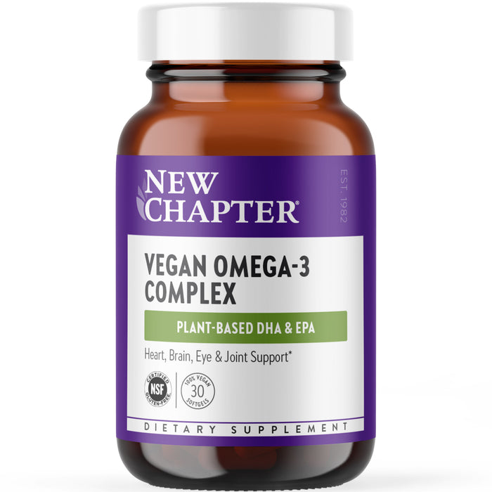 A brown bottle labeled New Chapter Vegan Omega-3 Complex with a purple and white label, highlighting plant-based DHA and EPA for heart, brain, eye, and joint support. The bottle cap is white.