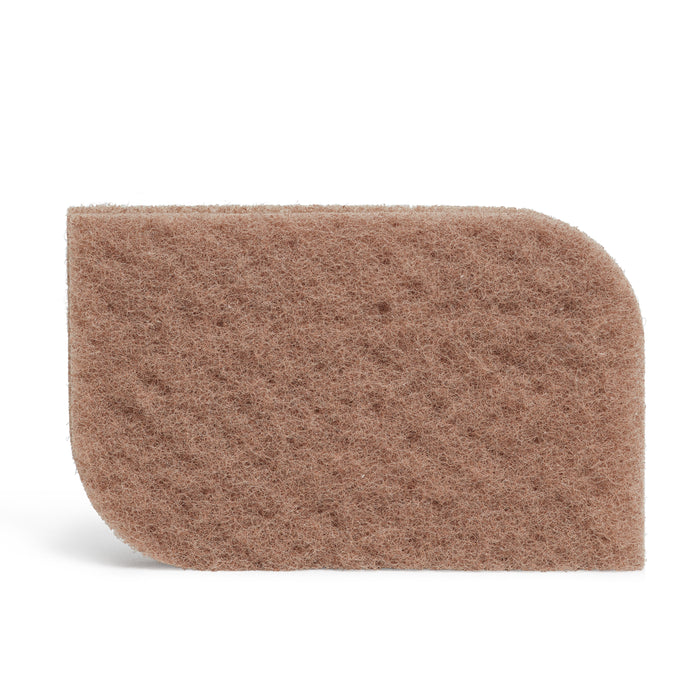 A rectangular brown scouring pad with one rounded edge, shown against a white background.
