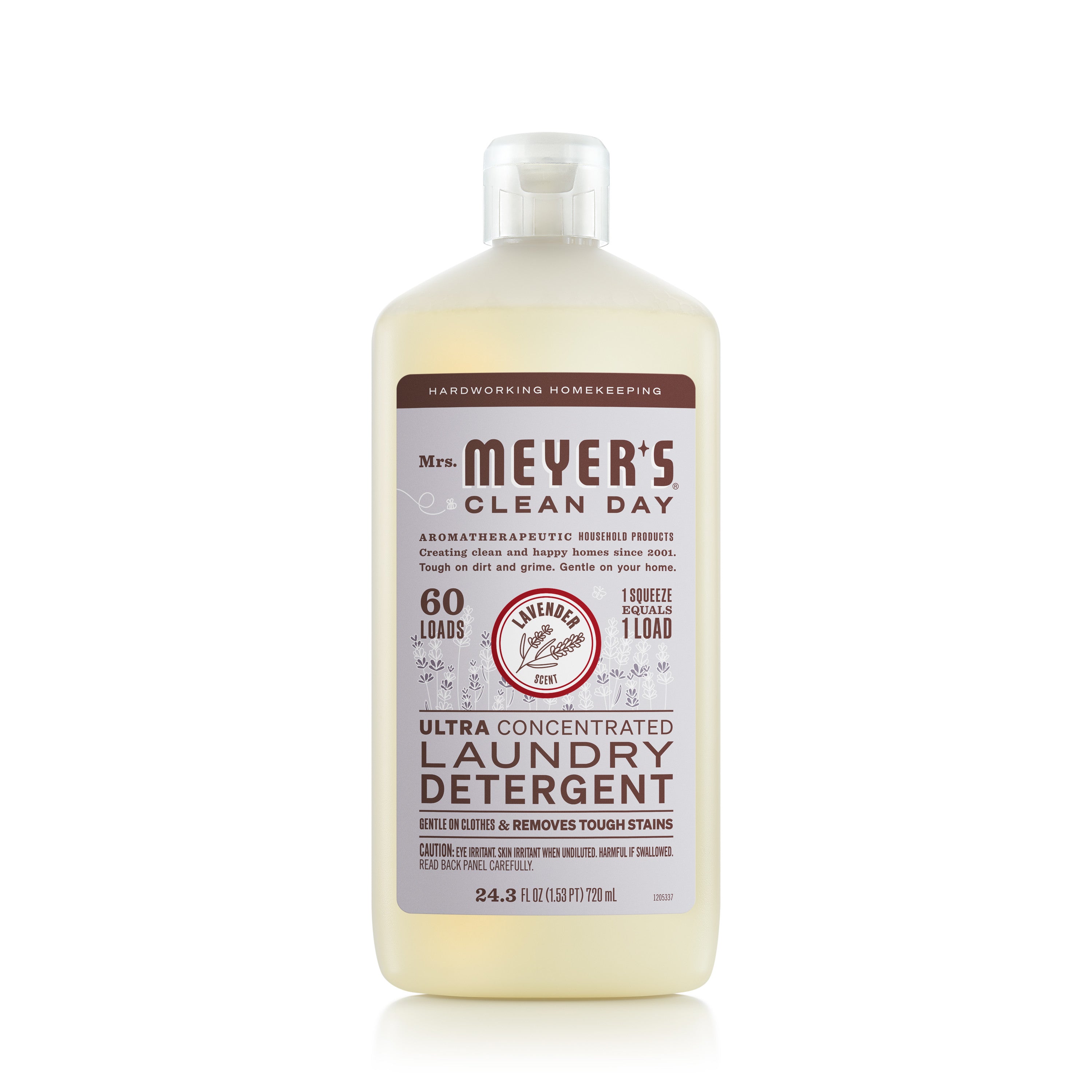 Mrs. Meyers Ultra Concentrated Liquid Laundry detergent, with stain-fighting enzymes and a garden-inspired scent, comes in a 24-ounce (710 ml) bottle labeled 60 loads and 1 squeeze = 1 load, making it easy to tackle tough stains.