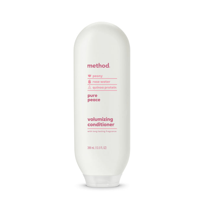 A white 399 ml bottle of method Shampoo, Conditioner & Body Wash Starter Set - Pure Peace with peony, rose water, and quinoa protein. Features pink text, a flip-top cap—great to pair with your favorite wash or shampoo.