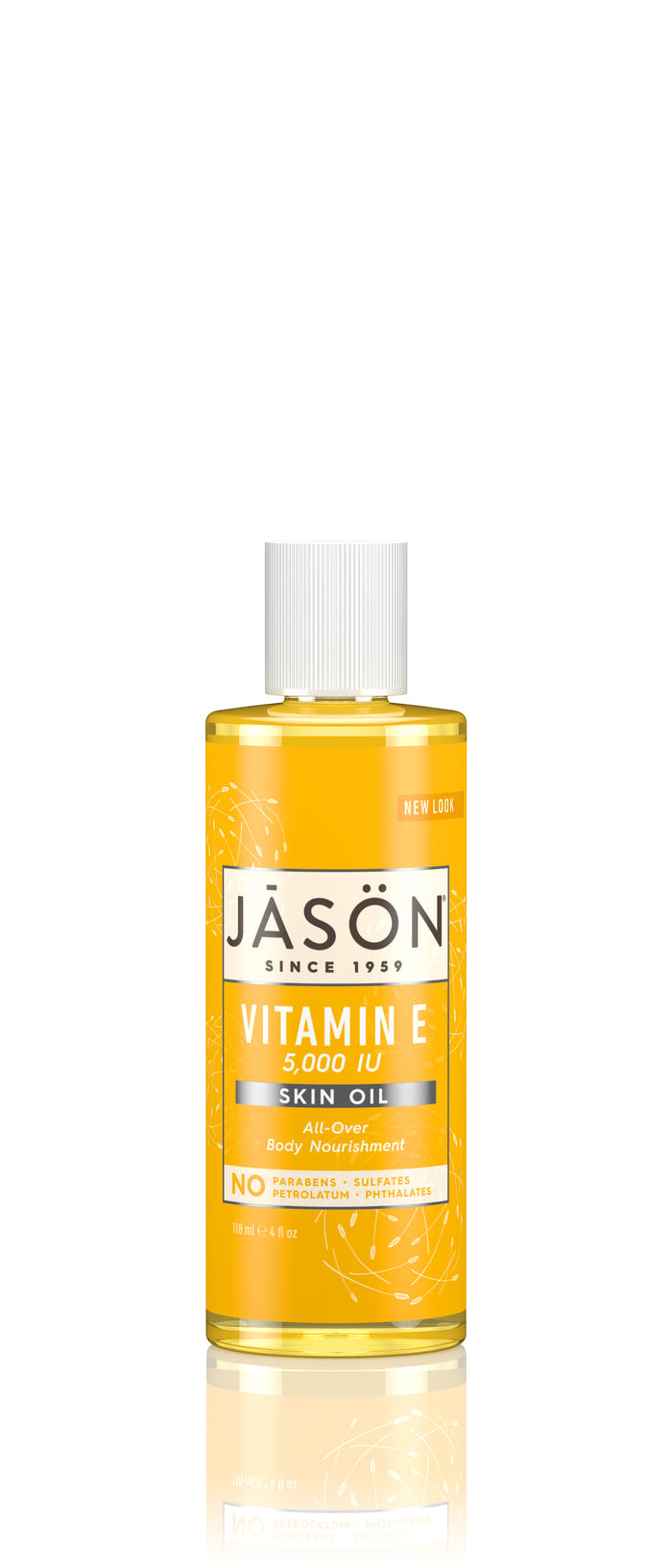 A bottle of JĀSÖN Vitamin E 5,000 IU Skin Oil with a white cap. The label is orange and yellow, highlighting No Parabens, Sulfates and All-Over Body Nourishment. The bottle contains 118 ml (4 fl oz).