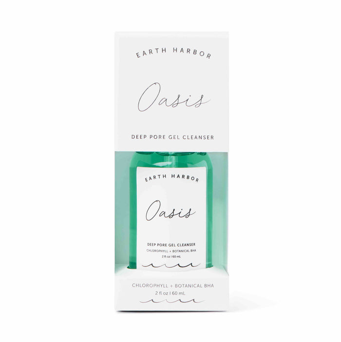 A boxed bottle of Earth Harbor Oasis Deep Pore Gel Cleanser, featuring chlorophyll and botanical BHA, labeled as 2 fl oz (60 mL), with white and green packaging.