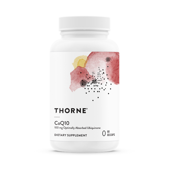 A white bottle of Thorne CoQ10 dietary supplement, featuring abstract red, yellow, and black artwork on the label. The bottle contains 60 gelcaps and provides 100 mg of optimally absorbed ubiquinone.