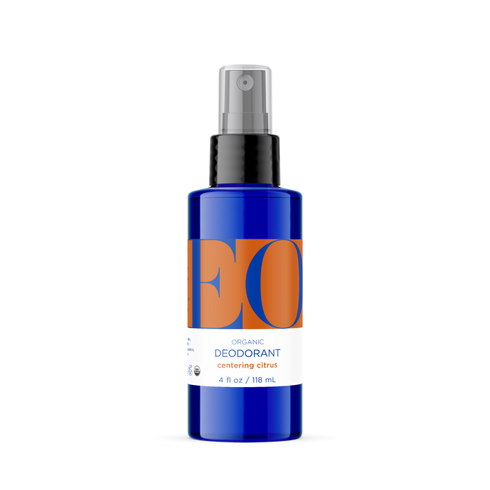 A blue spray bottle with a black nozzle labeled EO Organic Deodorant, Centering Citrus, 4 fl oz / 118 mL against a plain white background. The label features bold orange letters and white accents.