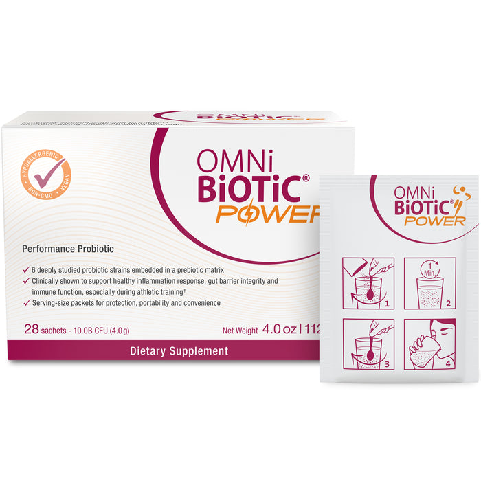 A box and a single sachet of OMNi-BiOTiC POWER probiotics. The box details product benefits and instructions; the sachet shows four illustrated steps for mixing and drinking the supplement.